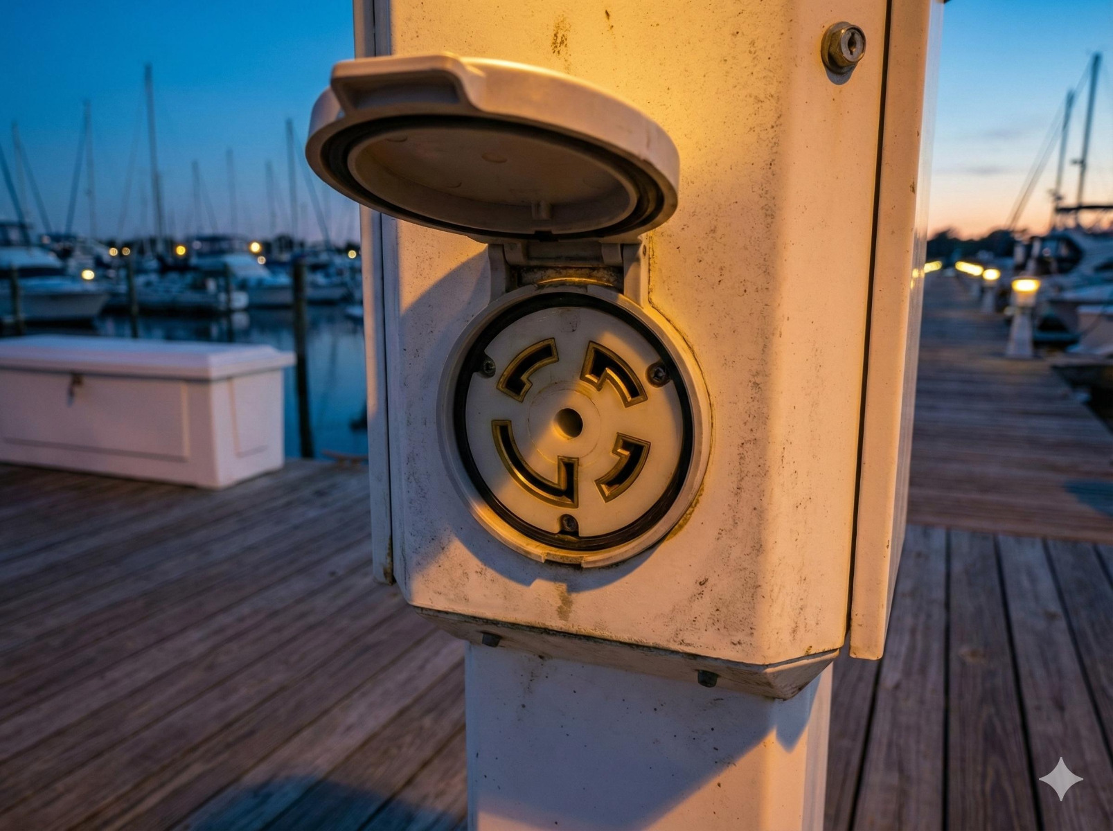 Marina shore power pedestal with exposed electrical outlets