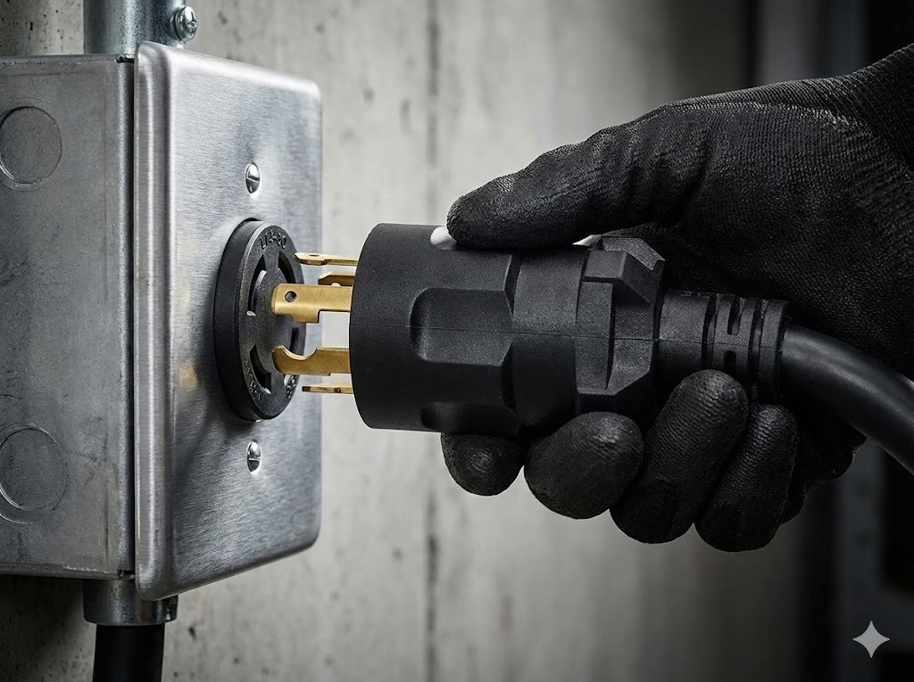 Electric vehicle charging cable plugged into industrial outlet
