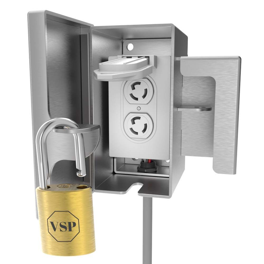 Vandal Stop stainless steel security box locked over outlet