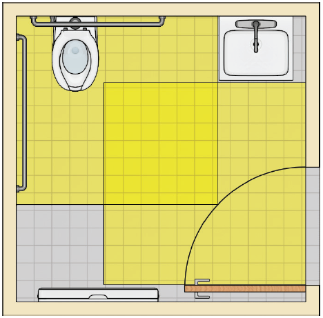 Foladble baby changing table in toilet room with clear floor space for wheelchair access