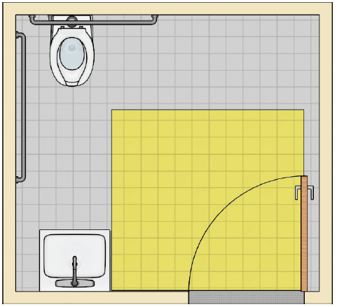 Restroom layout showing a wall-mounted sink and toilet