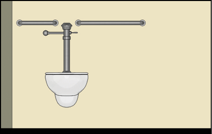 Wall-hung toilet with two horizontal rear grab bars mounted on the wall above it.