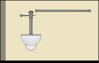 Wall-mounted rear grab bar installed above a wall-hung toilet, illustrating ADA-compliant support.