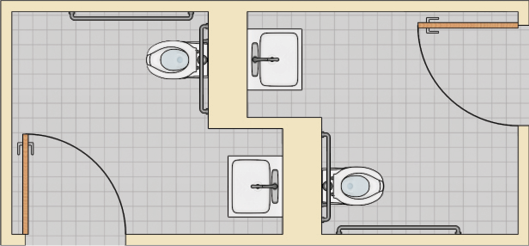 Space saving by recessing lavatories in restroom.