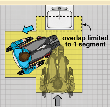 Restroom floor plan with wheelchair turning space around toilet.